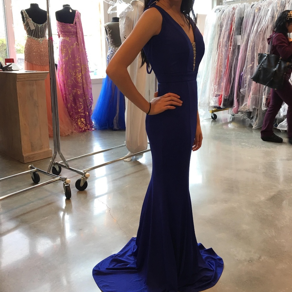 New blue v neck open back prom dress